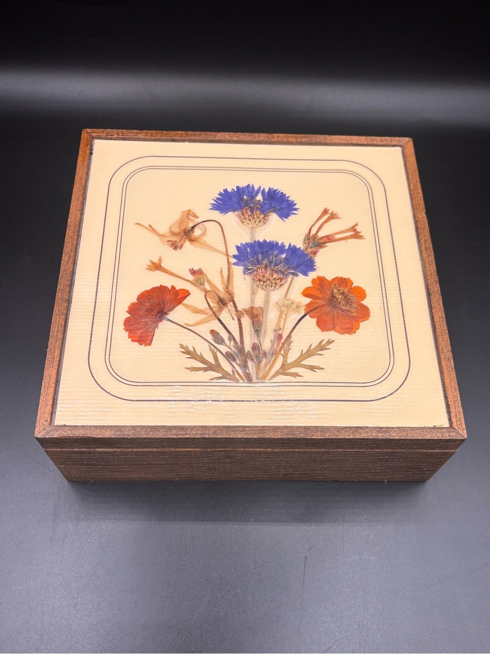Vintage 1970s Pressed Dried Flower Wood Jewelry Keepsake Trinket Box 8” Square